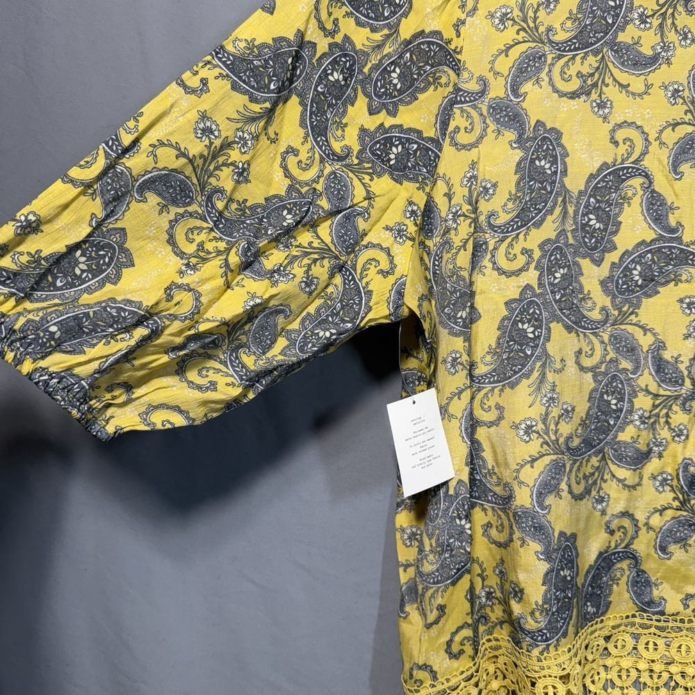 Boho Paisley Top Turmeric Gold Fringe Hem Peasant Blouse Plus Size Festival 3x - Picture 9 of 13